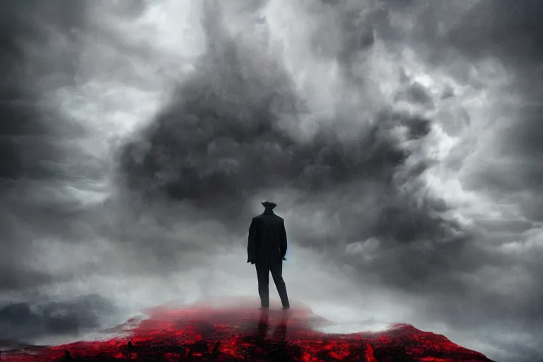 Image similar to on a gathering storm comes a tall handsome man in a dusty black coat with a red right hand, fantasy art, award-winning, extremely detailed, high quality, eerie,