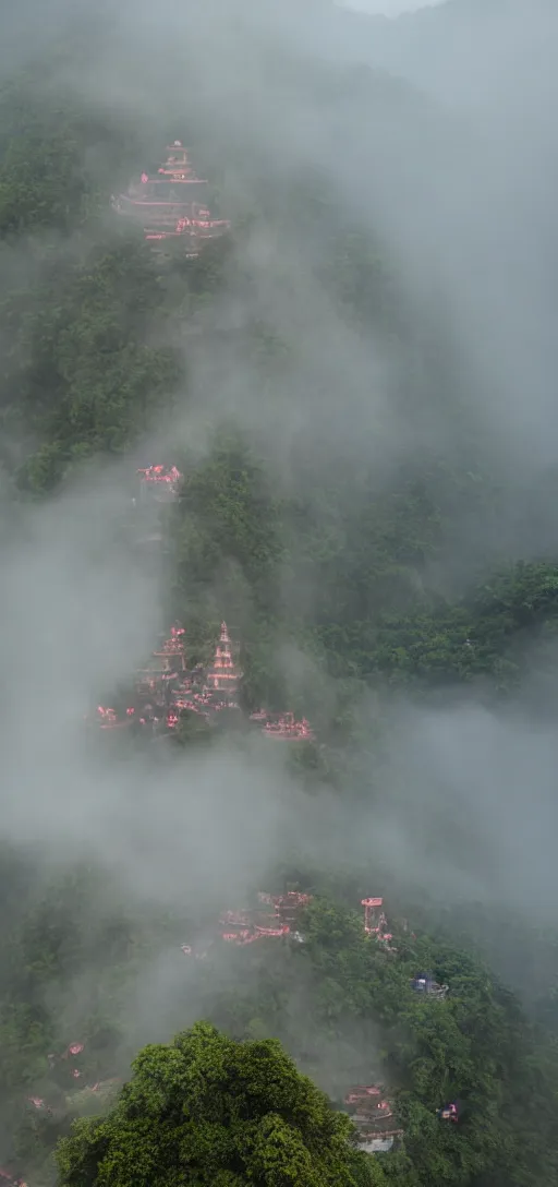 Image similar to a horrifying frightening scary 8 0 mm color macro hi def picture of the angel of death hovering above kunlao village. everything is of the second level on the isle of kun lao. turtles. hot dogs. ancient statues. volumetric lighting with picoso hotdogs. atmospheric. scary fog national geographic.