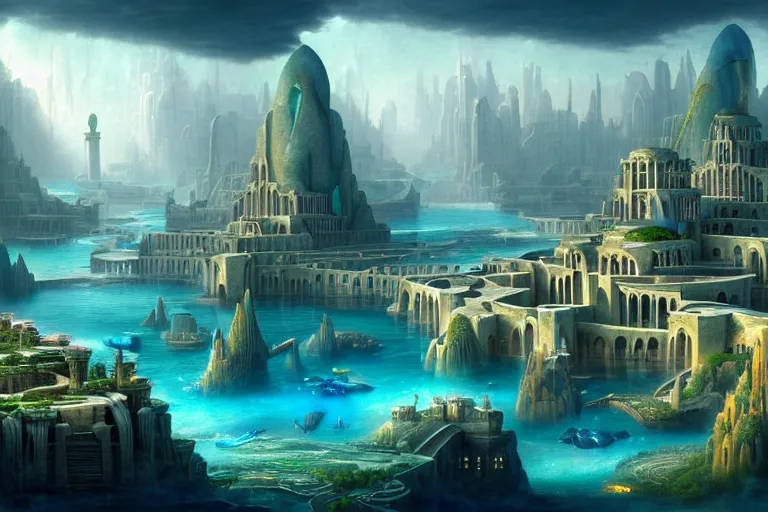 Prompt: a beautiful complex insanely detailed matte painting of the magical city of Atlantis by Heironymous Bosch and Tyler Edlin