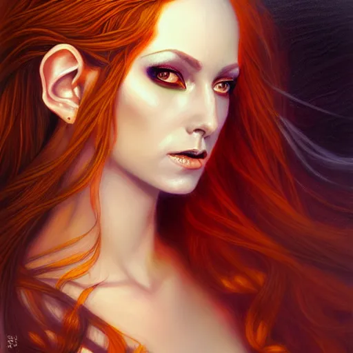 Prompt: portrait of a female elven wizard in flowing sensual dress, long flowing hair, delicate, looking at camera, slightly smiling, real face, stylish, elegant, extremely detailed painting inspired by Gerald Brom, epic lighting