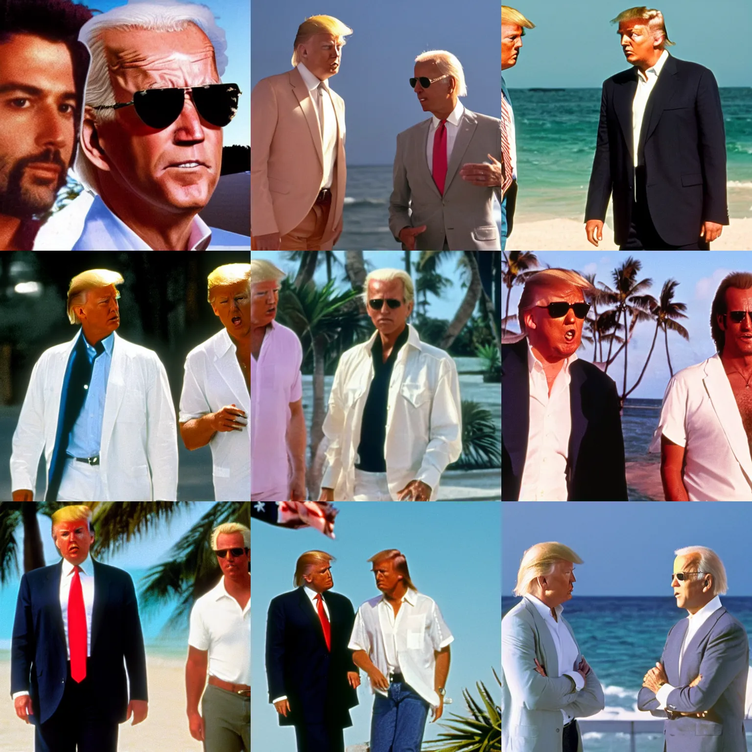 Prompt: donald trump and joe biden in miami vice, film