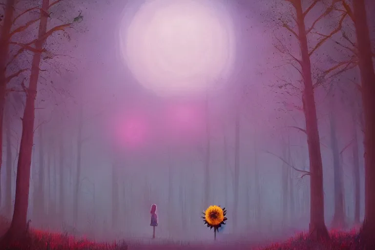 Image similar to giant daisy flower as face, girl walking in forest, surreal photography, dark night, stars, moon light, impressionist painting, clouds, digital painting, artstation, simon stalenhag