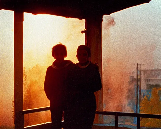 Image similar to lomo photo of pair standing on small hrushevka balcony full with cigarette smoke in small russian town looking at sunset, cinestill, bokeh