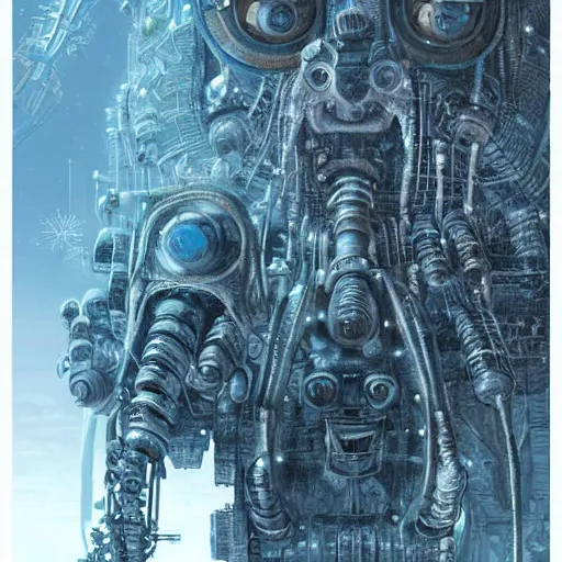 Image similar to elsa as a complex robotic monster, cyborg frozen robot with long fingers, snow planet, illustrative style, intricately detailed, frostpunk, Artwork by Ted Nasmith + Marc Simonetti + Studio Ghibli