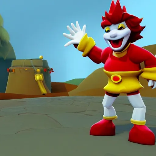 Prompt: image of ronald mcdonald, white face, red afro, red nose and yellow outfit as an enemy in spyro the dragon video game, with low poly playstation 1 graphics, upscaled to high resolution