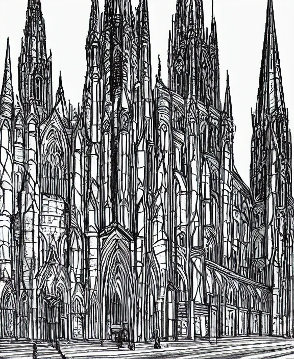 Prompt: a detailed fineliner drawing of a towering cathedral with evil spires