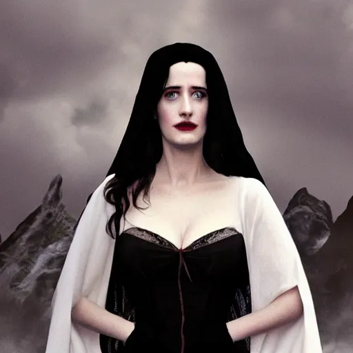 Image similar to portrait of a young eva green as yennefer from the witcher wearing black robes