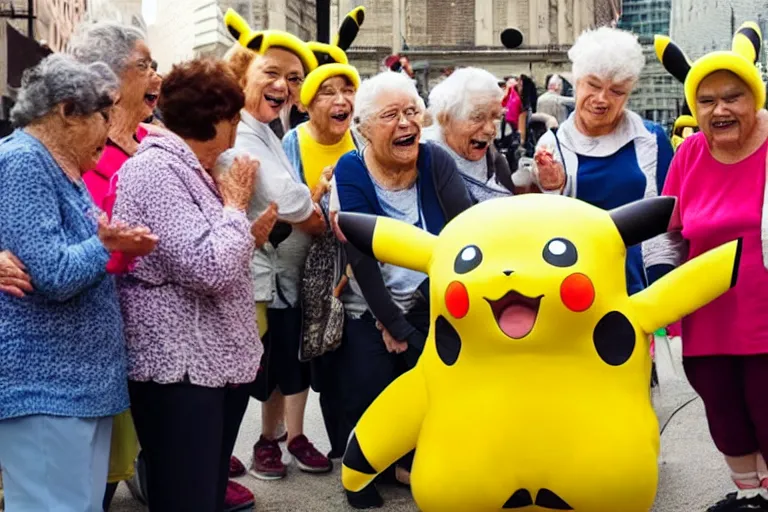 Prompt: a group of elderly women are crowded around a life size pikachu and they looking directly it and they are laughing at it