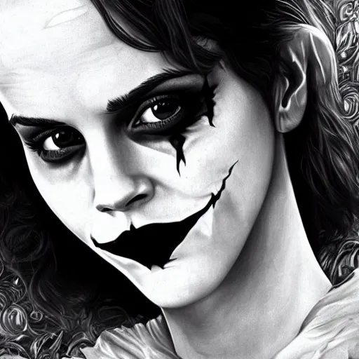 Image similar to emma watson as the joker, realistic, intricate, elegant, art by artgerm and wlop