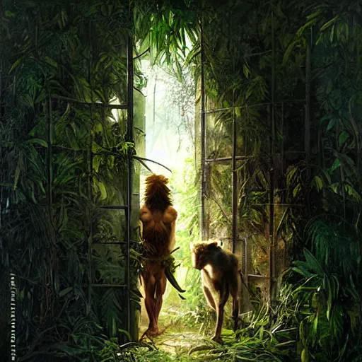 Prompt: animals of the jungle coming out of a doorway, painting by Greg Rutkowski, foliage, dramatic lighting, sharp focus