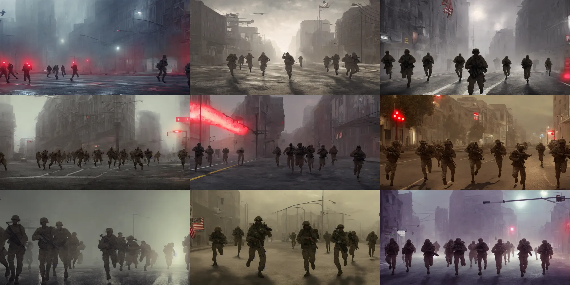 Prompt: troop of marines running on the street, dim warm fluorescent light, red flag, concept art, moody, william turner, cinematography, unreal engine, battlefield 2 0 4 2