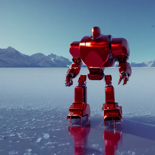 Prompt: a very, very, very, very, very, very, big, giant shiny robot made out of red retro refrigerators walking on an icy salt flats, dark mountains in the distance, octane render, unreal engine, sharp, daylight, shiny, shiny, shiny, trending in artstation, highly detailed, 4K UHD