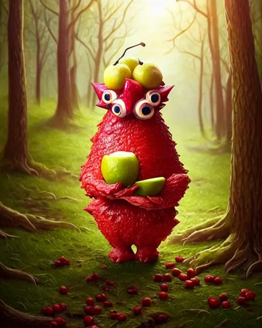 Image similar to portrait of a cute fruit figurine monster made of different fruit, standing in a forest, staring wide open eyes, open mouth, very detailed eyes, trees in the background, sunlight, oil painting, highly detailed, dramatic lighting, hyperrealistic, 8 k, smooth, intricate, artstation, cgsociety, by artgerm, by wlop