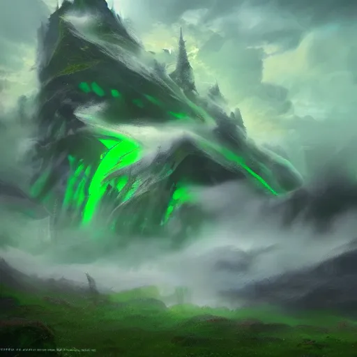 Prompt: roiling green fog clouds, artstation fantasy landscapes