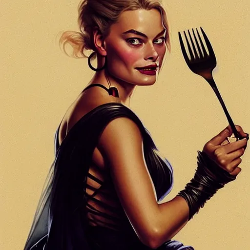 Image similar to very cute Margot Robbie eating fork covered in honey wearing black-crimson silk dress, D&D, fantasy, intricate, elegant, highly detailed, digital painting, artstation, concept art, matte, sharp focus, illustration, art by Artgerm and Greg Rutkowski and Alphonse Mucha