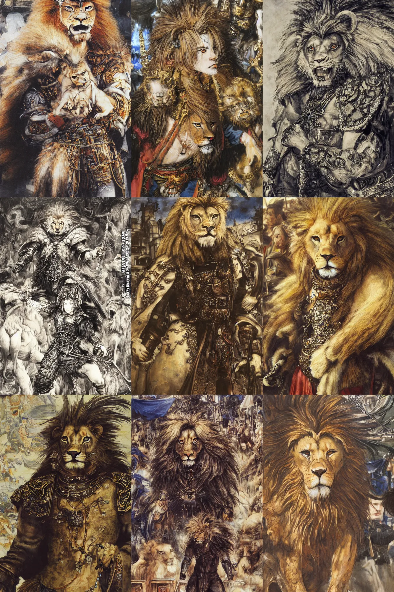 Image similar to 8 k yoshitaka amano painting of upper body of a young cool looking lion beastman with white mane at a medieval market at windy day. depth of field. he is wearing complex fantasy clothing. he has huge paws. renaissance style lighting.