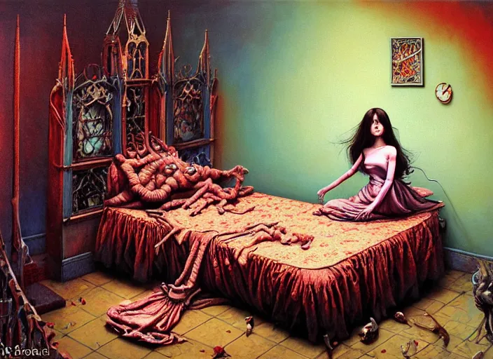 Prompt: realistic detailed image of a girl in anold soviet girlish room with a little monster hiding!!! under the bed!!! by Ayami Kojima, Amano, Karol Bak, Greg Hildebrandt, and Mark Brooks, Neo-Gothic, gothic, rich deep colors. Beksinski painting, part by Adrian Ghenie and Gerhard Richter. art by Takato Yamamoto. masterpiece. ultra details, high quality, high resolution .