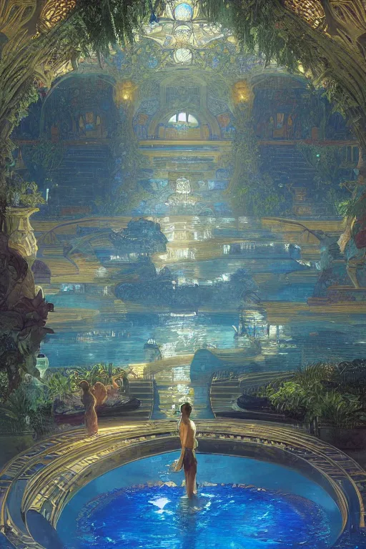 Image similar to Concept Digital Art Highly detailed Art Deco Cybertronian lazy river inside of the Palace of the Primes with glowing blue water at night by greg rutkowski, Ilya repin, alphonse mucha, and Edmund Blair Leighton. Very highly detailed 8K, Digital painting, the golden ratio, rational painting