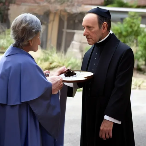 Image similar to kevin spacey dressed up as a catholic priest, giving out communion to a small old woman,