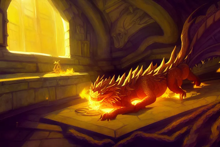 Image similar to anime key visual of majestic prismatic dragon sleeping in a treasury of gold and treasure, great dwarven halls lit by cauldrons of fire, high fantasy, style of jamie wyeth james gilleard edward hopper greg rutkowski acrylic painting, preserved museum piece, historical