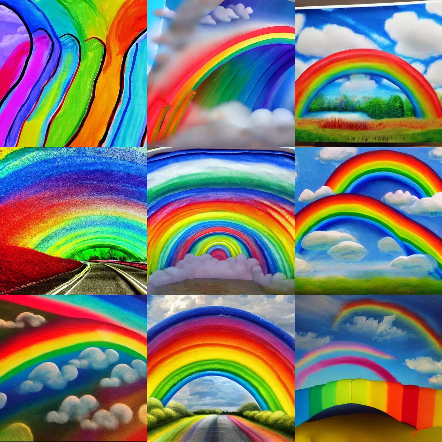Prompt: a rainbow tunnel in the clouds, detailed, realistic.