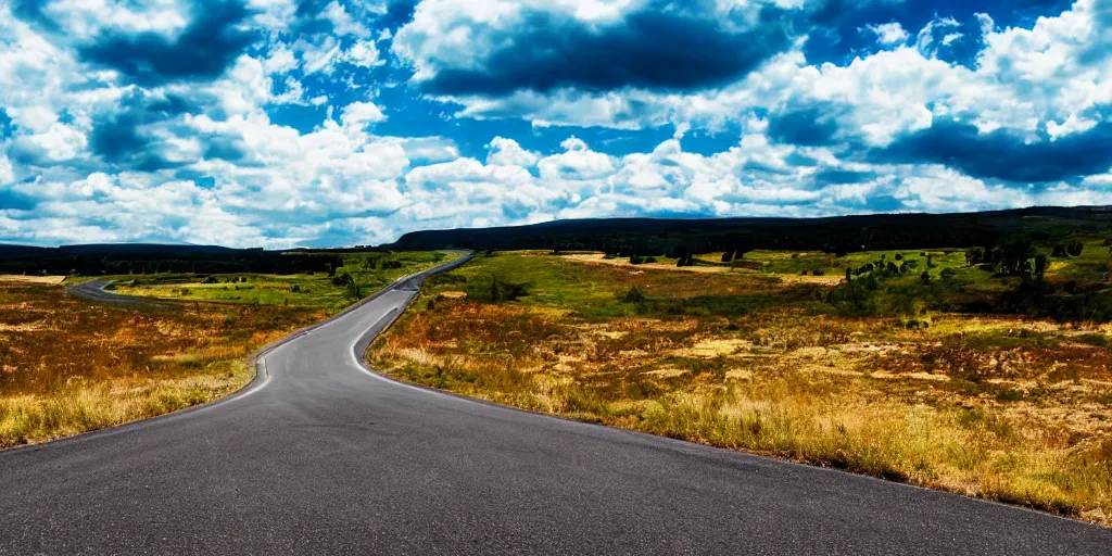 Image similar to wide angle shot of a road winding into distance, a road sign pointing down the road, abstract expressionism