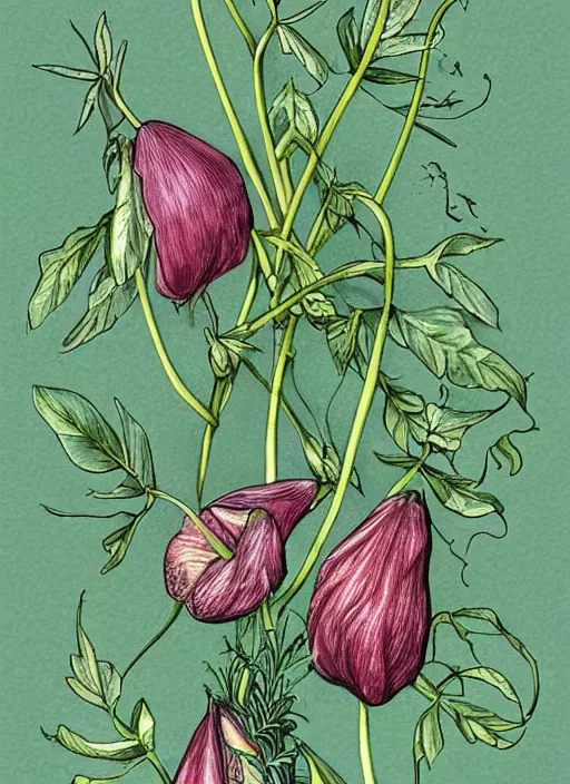 Prompt: fantasy scientific botanical illustration of two plants cozily in love with each other