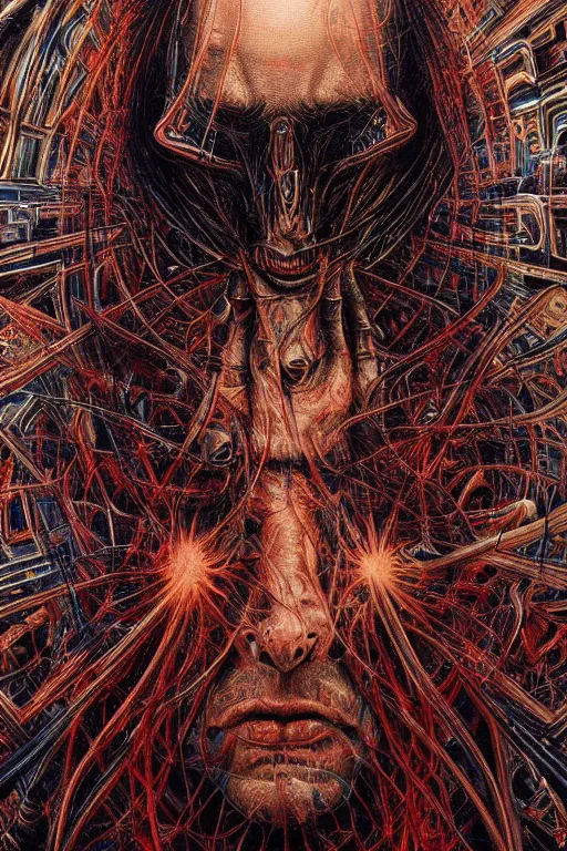 Prompt: portrait of keanu reeves, hyperdetailed, nightmare, abomination, ultrarealistic, cyberpunk, dramatic, symmetrical, by h. r. giger and zdislaw beksinski and artgerm, science fiction, alien, religious art, mandelbrot fractal, trending on deviantart