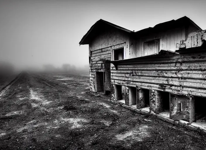 Image similar to high resolution black and white photography with a 3 5 mm f / 2 2. 0 lens of architectural building blocks bulgaria in the middle of a russian wasteland in the 8 0's in the middle of nowhere, there is fog and lights in the background. fine art photography and very detailed