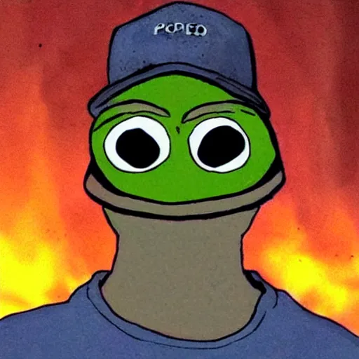 Prompt: pepe frog taking the last selfie in hell