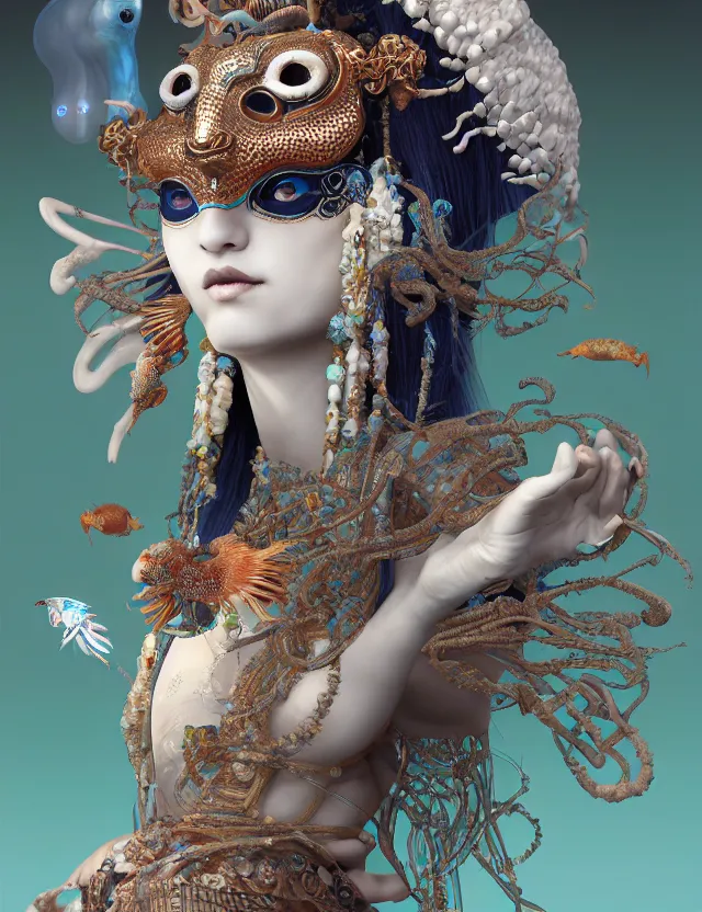 Image similar to 3 d goddess close - up 3 / 4 portrait with ram skull. beautiful intricately detailed japanese crow kitsune mask and clasical japanese kimono. betta fish, jellyfish phoenix, bio luminescent, plasma, ice, water, wind, creature, artwork by tooth wu and wlop and beeple and greg rutkowski