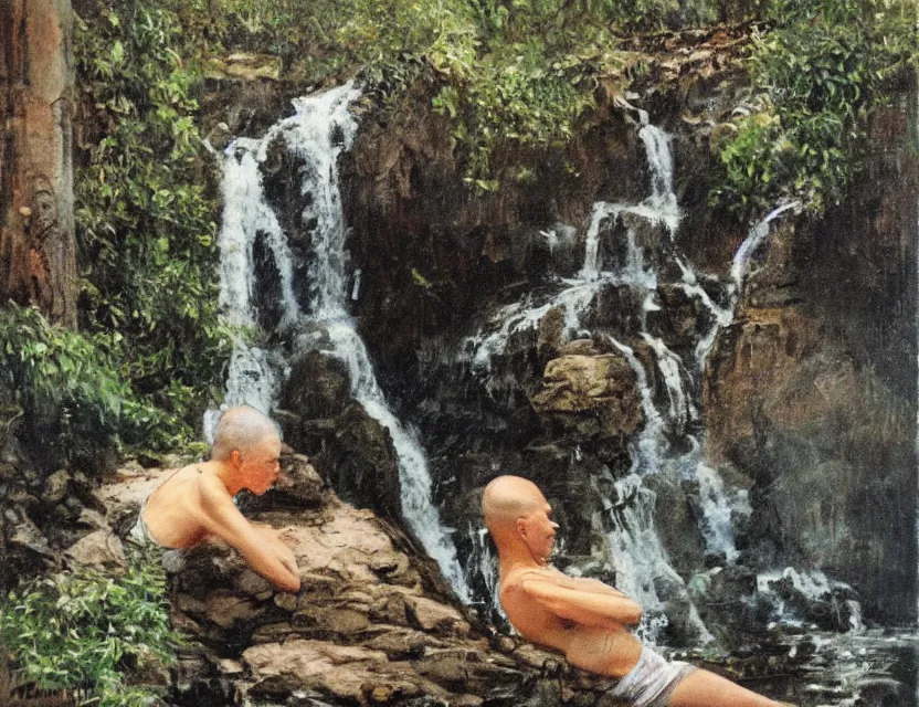Image similar to by steve hanks, by serov valentin, by lisa yuskavage, by andrei tarkovsky, by terrence malick focused monk sits near waterfall, polaroid, vintage, soft lights, foggy, oil on canvas