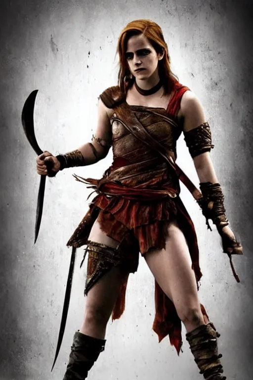 Image similar to Emma Watson as Kratos, brutal, detailed realistic, photorealistic, full body