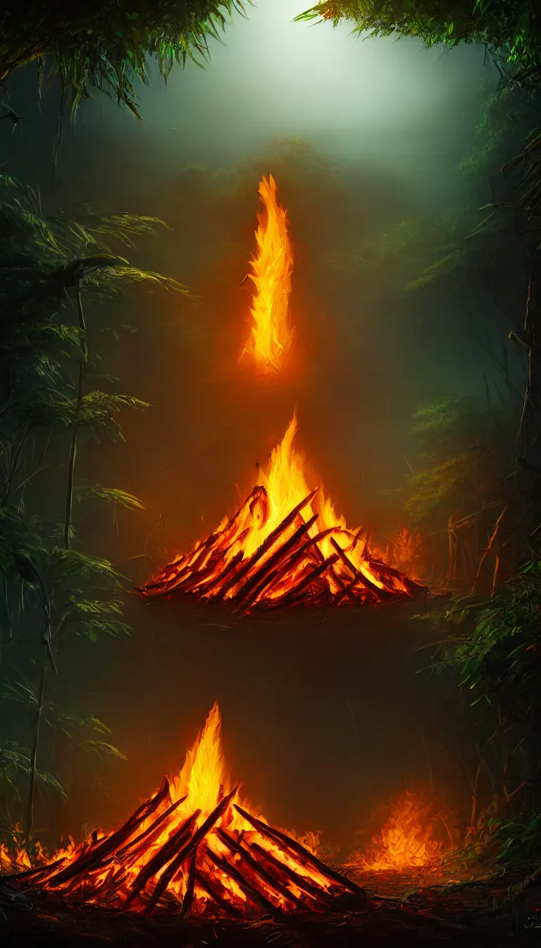 Prompt: highly detailed photo of bonfire in dark jungle, hyper realistic, art by greg rutsowski, concept art, 8 k detail post - processing