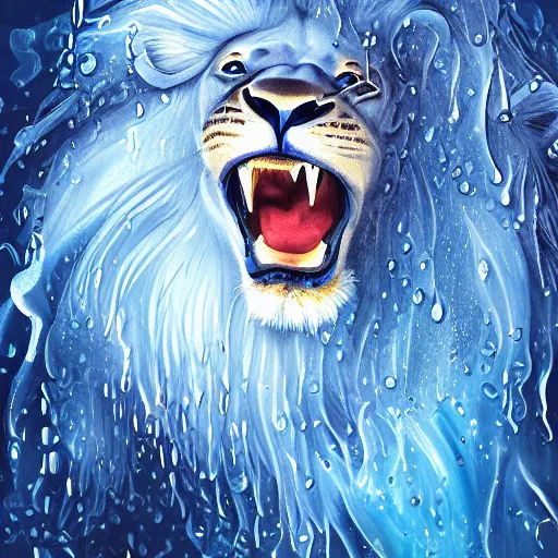 Prompt: a male lion's face breaching through a wall of water, water sprites, splashing, deep blue water color, highly detailed, realistic digital art