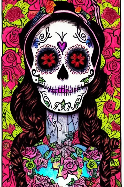 Image similar to Illustration of a sugar skull day of the dead girl, art by robert williams