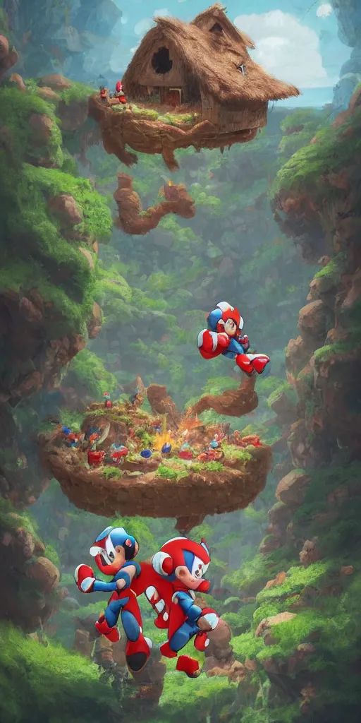 Image similar to megaman and protoman are jumping off a witch hut with chicken legs, greg rutkowski, zabrocki, karlkka, jayison devadas, trending on artstation, 8 k, ultra wide angle, zenith view, pincushion lens effect