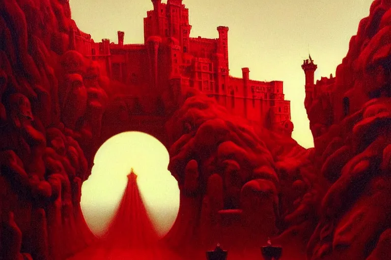 Image similar to only with red, in a red dream world, a crimson tiger, a castle in the background, medieval demons, in the style of beksinski, part by hopper, part by rodcenko, part by hofbauer, intricate composition, red by caravaggio, insanely quality, highly detailed, masterpiece, red light, artstation