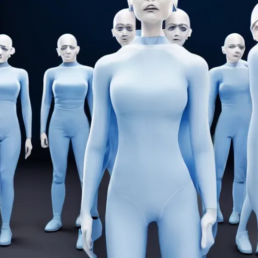 Prompt: troop of cloned older women with white bob hairdos, tight light blue neopren suits, futuristic cloning facility, sci - fi, highly detailed, cinematic