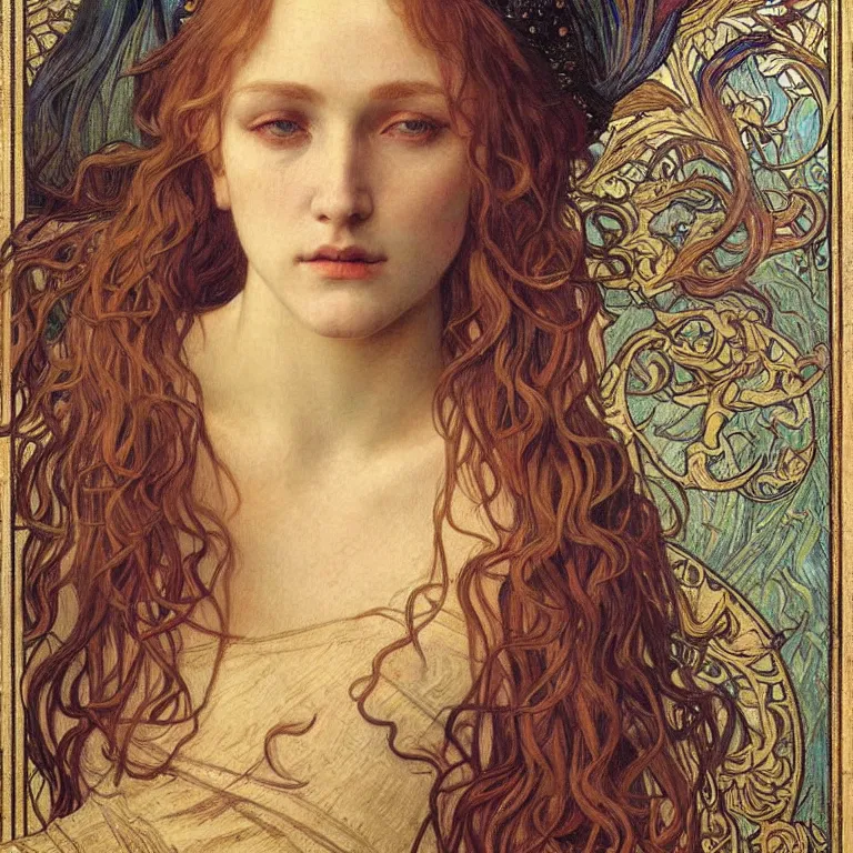 Image similar to detailed realistic beautiful young medieval queen face portrait by jean delville, alphonse mucha, vincent van gogh, and marco mazzoni, art nouveau, symbolist, visionary, gothic, pre - raphaelite