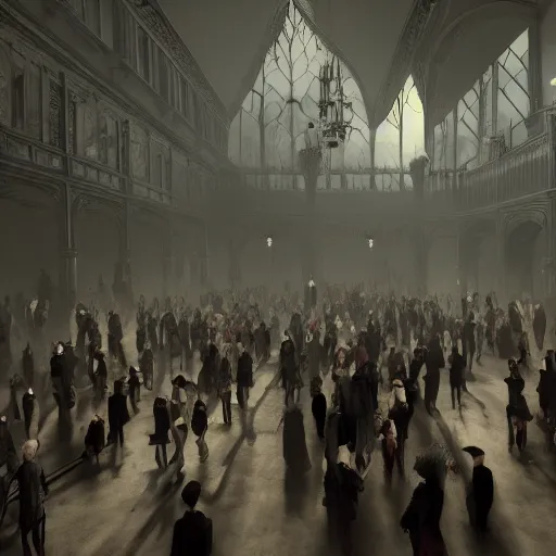 Image similar to A room full of people, vampires, high ceiling, victorian, soft light, ominous, photorealistic, detailed, 8k