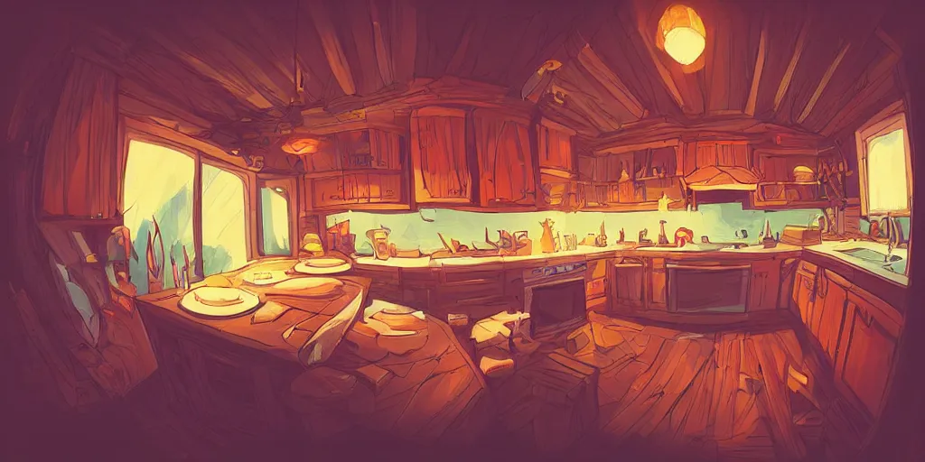 Image similar to epic illustration fisheye lens of a wooden kitchen dim lit by 1 candle in a scenic environment by Anton Fadeev