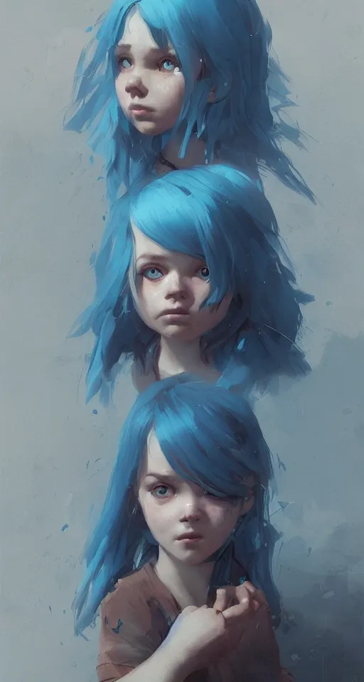 Prompt: little girl with blue hair, art by Greg Rutkowski, Simon Stalenhag, trending on Artstation, CGSociety