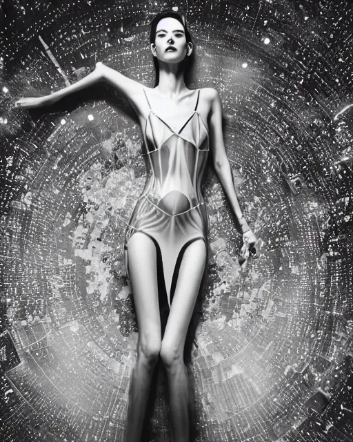 Image similar to a highly detailed unreal engine symmetric portrait of a long legged freaky goddess in a latex dress in an endless galaxy, boke, tilted frame, henry cartier bresson