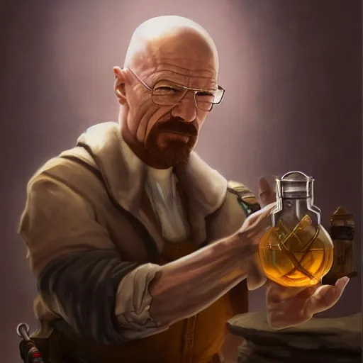 Prompt: Walter White as an Alchemist mixing the Potion of Swift Wind, fantasy illustration by Tony Sart, Trending on artstation