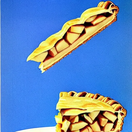 Image similar to 1 thick slice of apple pie floating on a blue background, chesley bonestell, vincent di fate