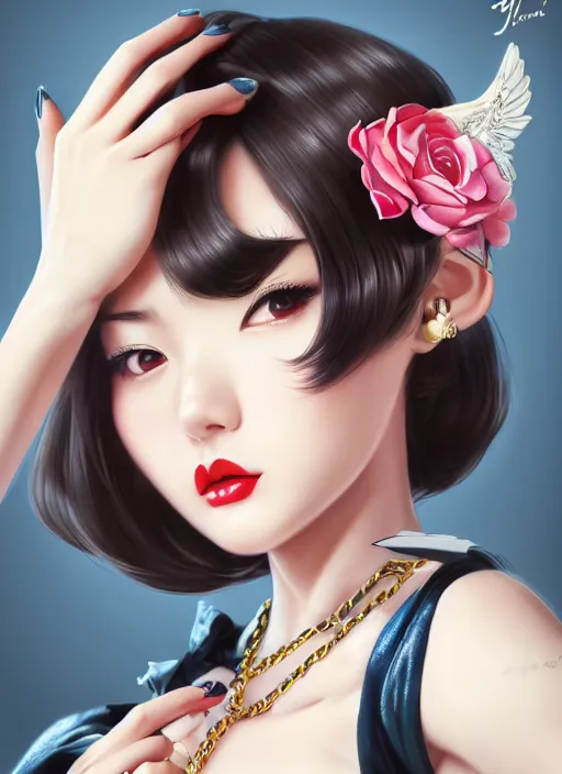 Image similar to a pin up and beautiful fashion dreamlke japan girl with lv jewelry, character art, art by artgerm, wlop, loish, hyperdetailed, 8 k realistic, symmetrical, global illumination, radiant light, frostbite 3 engine, cryengine, dof, trending on artstation, digital art, chanel, dior, detailed background