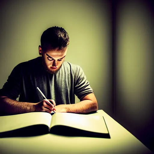 Image similar to a photograph of a man writing the novel of his life story, award - winning photograph, studio lighting, dramatic colors, striking lighting, perfect composition