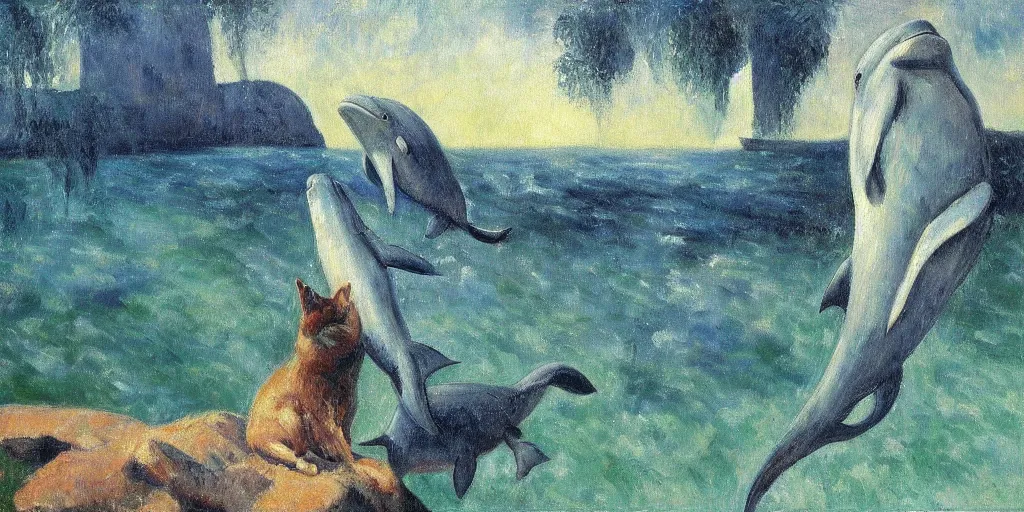 Prompt: dolphin and cat in a cave, expressive oil painting by christopher radlund and camille pissaro