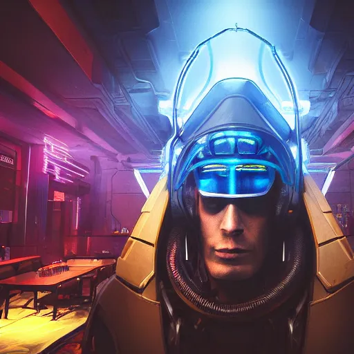 Image similar to high quality portrait of a starcraft Protoss Zealot in a cyberpunk cyberpunk cyberpunk cafe, realism, 8k, award winning photo